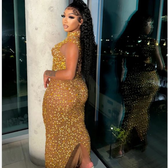 Gold custom embellished Maxi Dress - Picture 2 of 2